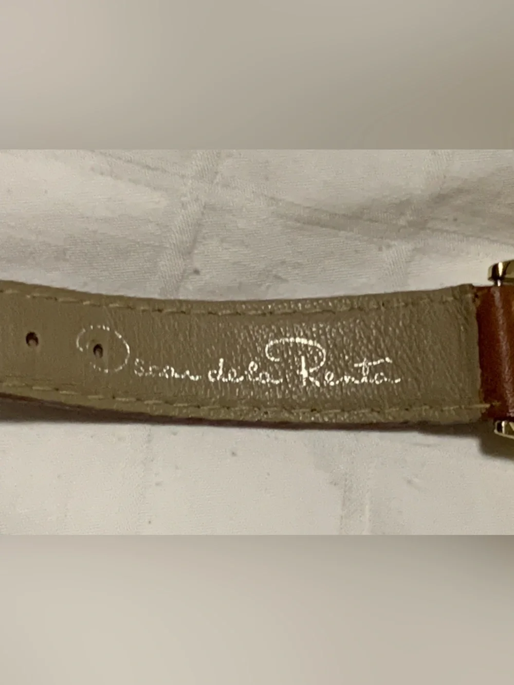 Vintage Oscar de la Renta Gold-Tone Watch with Black Bezel and Leather Strap